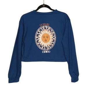 LE SOLEIL Blue Colorful White Gold Orange Sun Face Print Long Sleeve Top Small